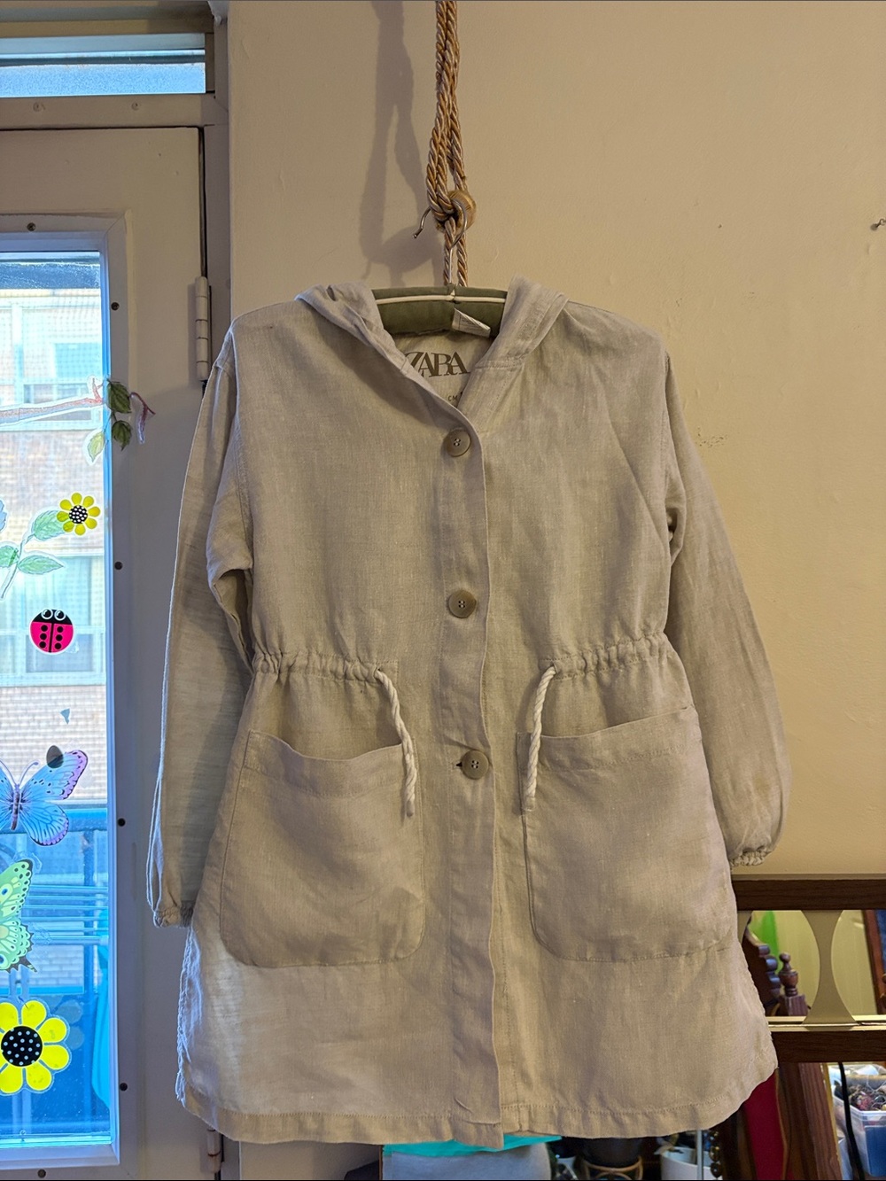 Zara Light Gray Hooded Linen-Blend Utility Coat 100. Linen